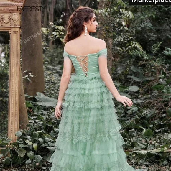 Faeriesty Off Shoulder Tulle Layered Dress In Pale Green - Picture 9 of 10